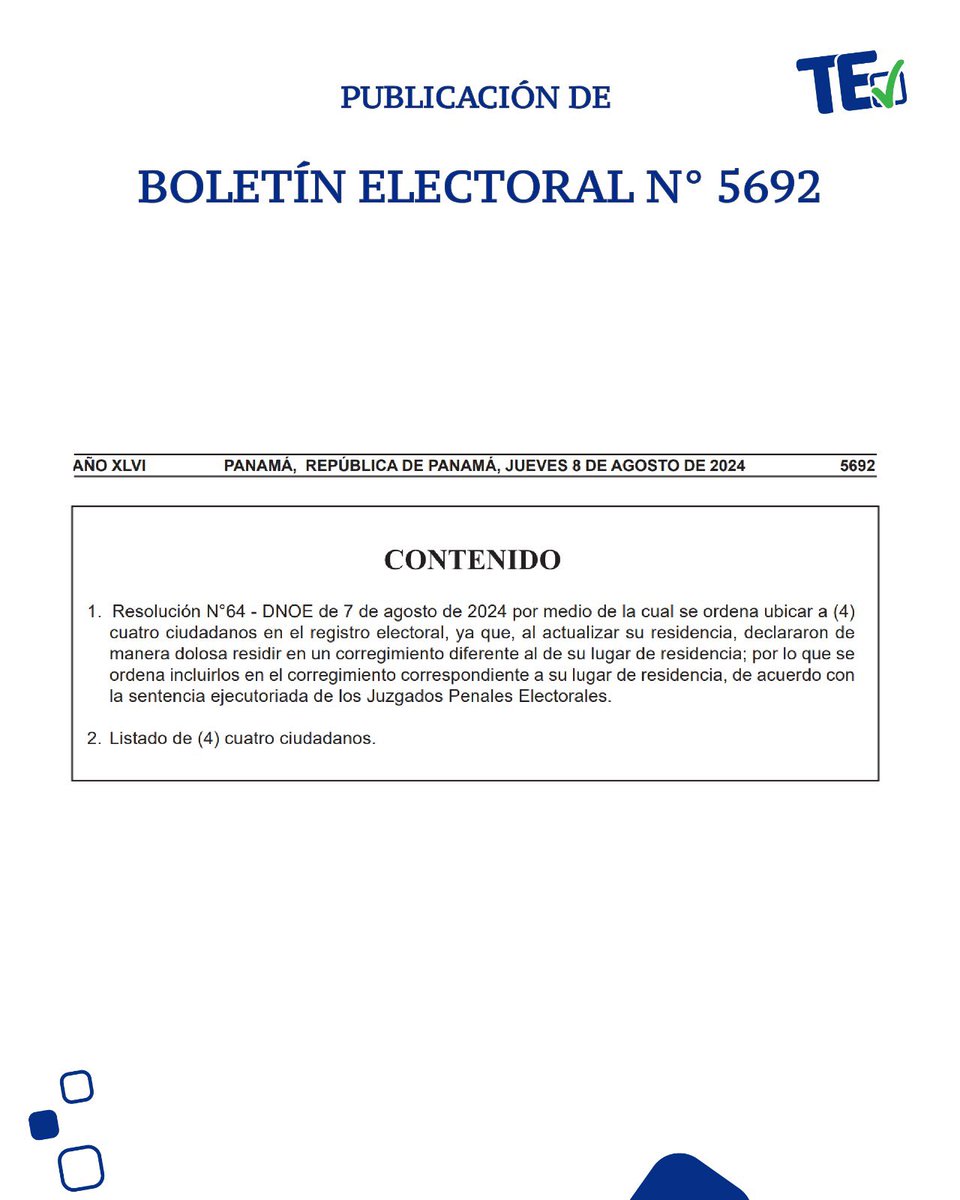 tepanama's tweet photo. Te compartimos el boletín Electoral N°5692, más información: https://t.co/xoBstTwd3H
#TribunalContigo✅ https://t.co/EPfRaKGJoL