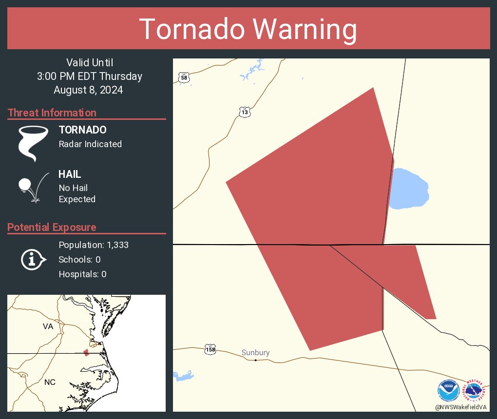 NWSWakefieldVA's tweet photo. Tornado Warning including Camden County, NC, Gates County, NC, Suffolk city, VA until 3:00 PM EDT https://t.co/YjFGbj6mDJ