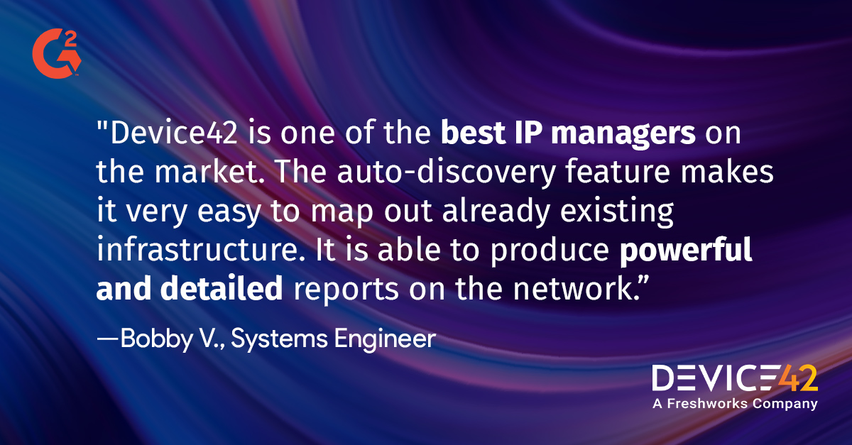 device42's tweet photo. Happy #TestimonialThursday! Bobby V. says that #Device42 is one of the best IP managers on the market. Start your free trial today: https://t.co/dEh1EevDTh
#IPmanager #datadiscovery #applicationmapping https://t.co/Ik0dmdtg9c