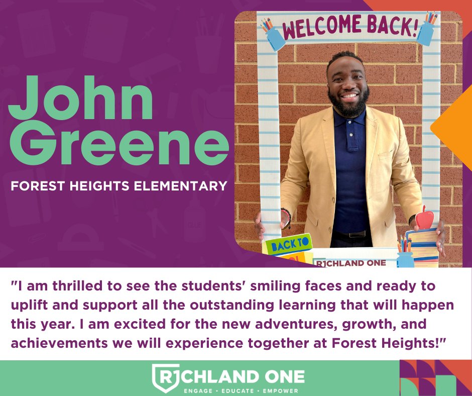 RichlandOne's tweet photo. With the return of students just one day away, John Greene, @R1ForestHeights' new principal, is excited to see his students on the first day of school!
#TeamOne #OneTeam #R1BackToSchool https://t.co/jwgbZmSQxC