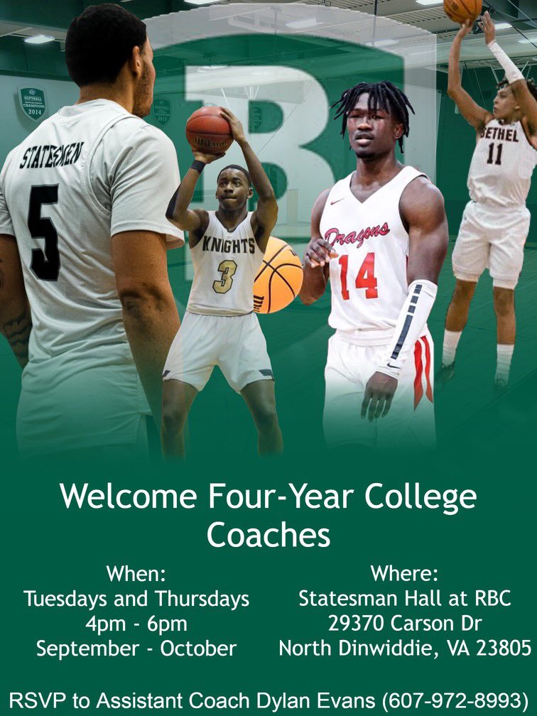 Attn. College Coaches with the amount of calls we’ve already received about our transfers, we will host full team practices in Sept. T/Th  4-6pm.
RSVP to Coach <a href="/_devans444_/">Dylan Evans</a> to attend.
We will have players information folders w/transcripts when you arrive.
#GoStatesmen ⚫️🟢