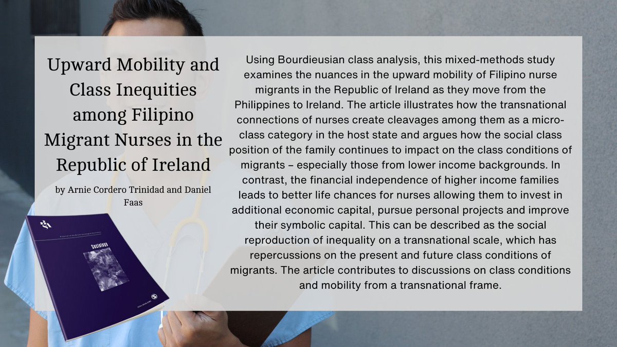 Daniel Faas (@faasdaniel) on Twitter photo Delighted to announce the publication of “Upward Mobility and Class Inequities Among Filipino Migrant Nurses in the Republic of Ireland” w/ <a href="/arnie_trinidad/">Arnie Trinidad</a> in <a href="/sociologyjnl/">Sociology Journal</a>, discussing class conditions and mobility from a transnational frame 🇵🇭🇮🇪 Read at:
doi.org/10.1177/003803… Delighted to announce the publication of “Upward Mobility and Class Inequities Among Filipino Migrant Nurses in the Republic of Ireland” w/ <a href="/arnie_trinidad/">Arnie Trinidad</a> in <a href="/sociologyjnl/">Sociology Journal</a>, discussing class conditions and mobility from a transnational frame 🇵🇭🇮🇪 Read at:
doi.org/10.1177/003803…