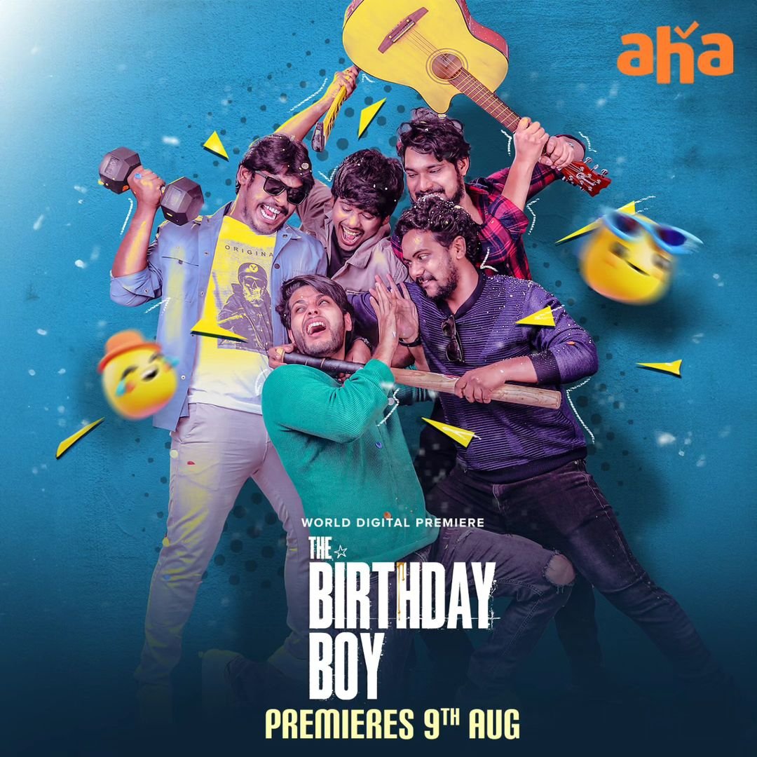 CinemaWikipedia's tweet photo. Telugu Film #TheBirthdayBoy Streaming From 9th August On #AhaVideo.
Starring: #RaviKrishna, #SameerMalla, #RajeevKanakala, #PramodiniPammi, #ManiVaaka, #VikranthVed, #RahulChilam, #SaiArun #RajaAshok & More.
Written & Directed By #WhiskyDasari.
#TheBirthdayBoyOnAha #MovieSpy https://t.co/66auYVqZwn