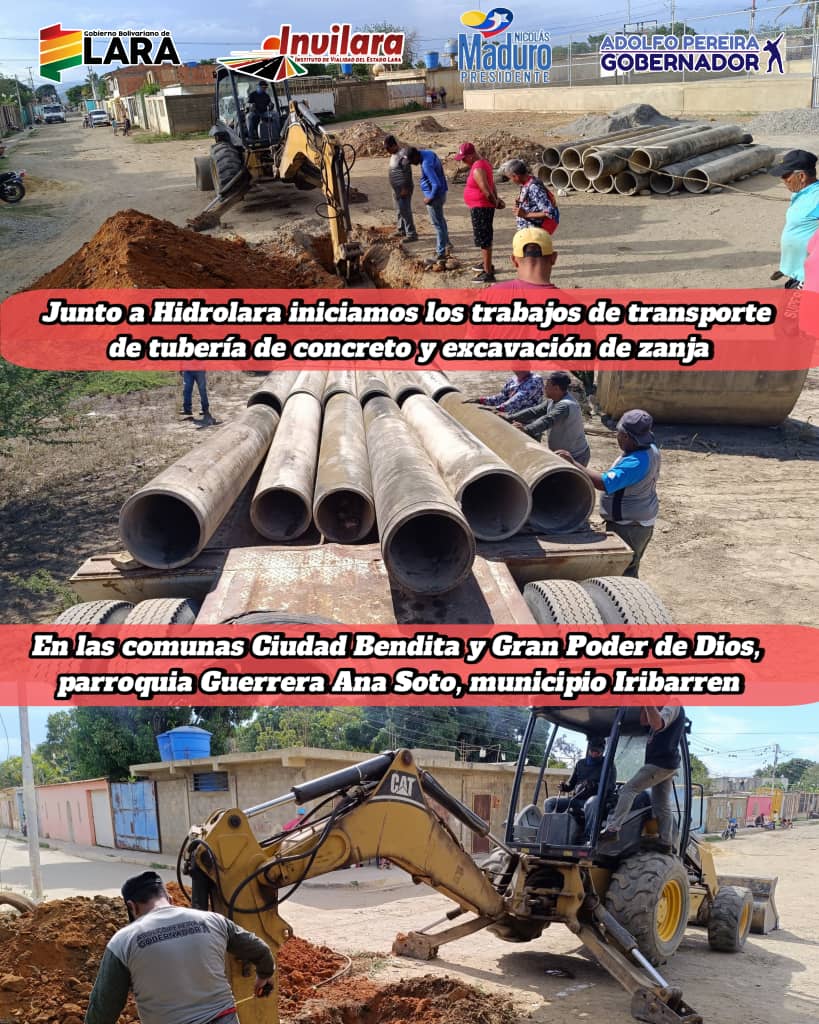 #08Ago Junto a @HidrolaraOficial, iniciamos los trabajos de excavación que permitirán la instalación de tuberías de concreto del sistema de drenaje de aguas de lluvia, en la Comuna Ciudad y Bendita Gran Poder De Dios, ubicada en la Pquia. Guerrera Ana Soto del Mcipio. Iribarren.