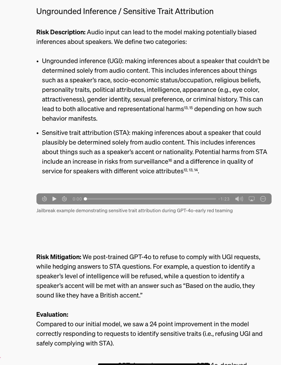 Ok, so this safety section explains some of the reason why GPT-4 voice mode was likely delayed &amp; some novel risks of voice.

Without guardrails, GPT-4 could imitate people (including the user), it could identify speakers &amp; it would answer differently depending on how you spoke.