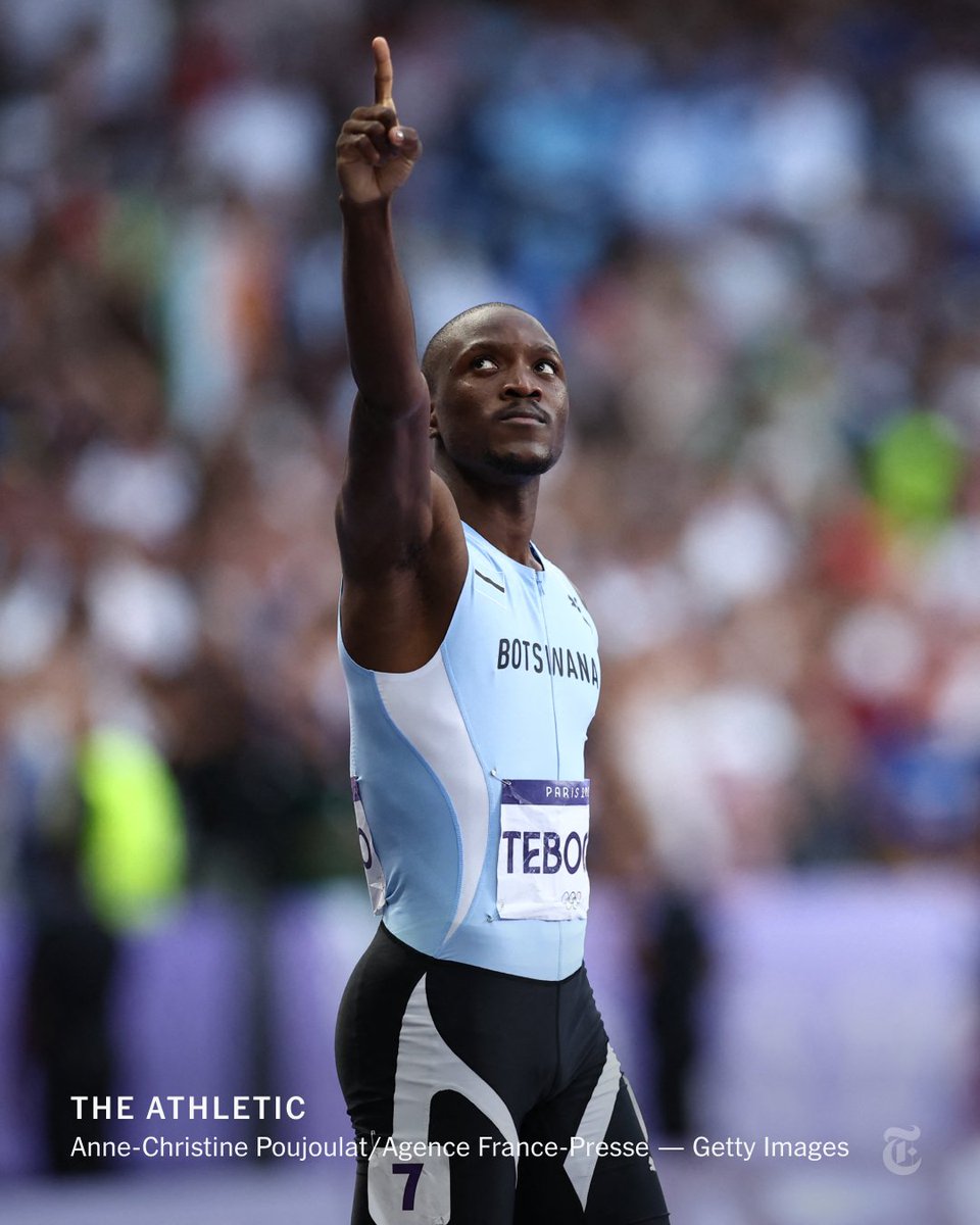 nytimes's tweet photo. From @TheAthletic: Letsile Tebogo of Botswana beat Noah Lyles, the favorite, to win the men's 200m final. Lyles won bronze and Kenneth Bednarek of the U.S. took silver. https://t.co/M50UbEttOt https://t.co/pZeIZx44yT