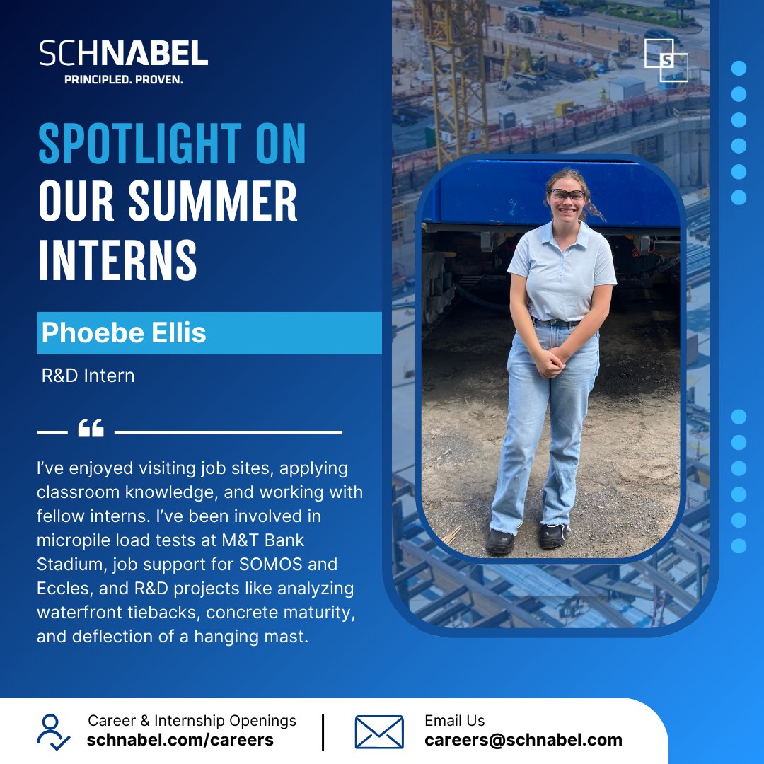 SchnabelGeo's tweet photo. 🌟 Intern Spotlight: Phoebe Ellis!  
Phoebe is interning with our R&amp;D dept. while studying CE at GT. She's gained hands-on experience with micropile load tests, R&amp;D projects, and job site visits. Her biggest lesson? "It’s okay to ask for help." #InternSpotlight #PrincipledProven https://t.co/pcXkikQNlP