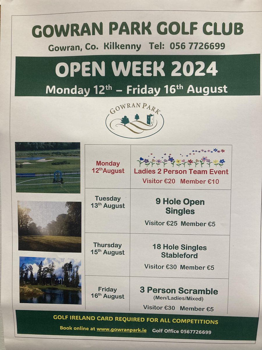 Open week kicks off in Gowran Park on Monday 12th with events across Mon to Friday, online booking open now on BRS: visitors.brsgolf.com/gowranpark#/op…
All visitors welcome to Gowran park for open week!