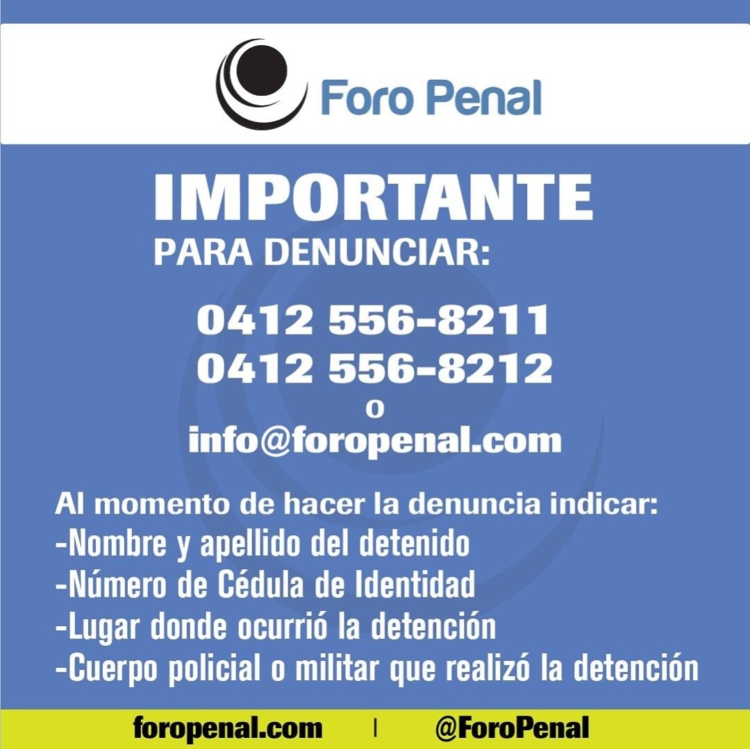 ForoPenal's tweet photo. Foro Penal NO procesa denuncias vía redes sociales.

Para realizar tu denuncia al Foro Penal comunicate al Centro Nacional de Denuncias e Información: 
0412-556-8211
0412-556-8212
o escribe a info@foropenal.com

Nuestro Centro de Denuncias está de guardia permanentemente. https://t.co/QH0WQCBiHq