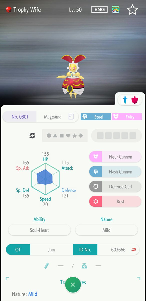 jamharts1's tweet photo. After all these years with a mostly full living dex, I finally traded for the last couple of mythicals I needed to get original color magaerna. I named it Trophy Wife uwu https://t.co/BQfgp769Cn