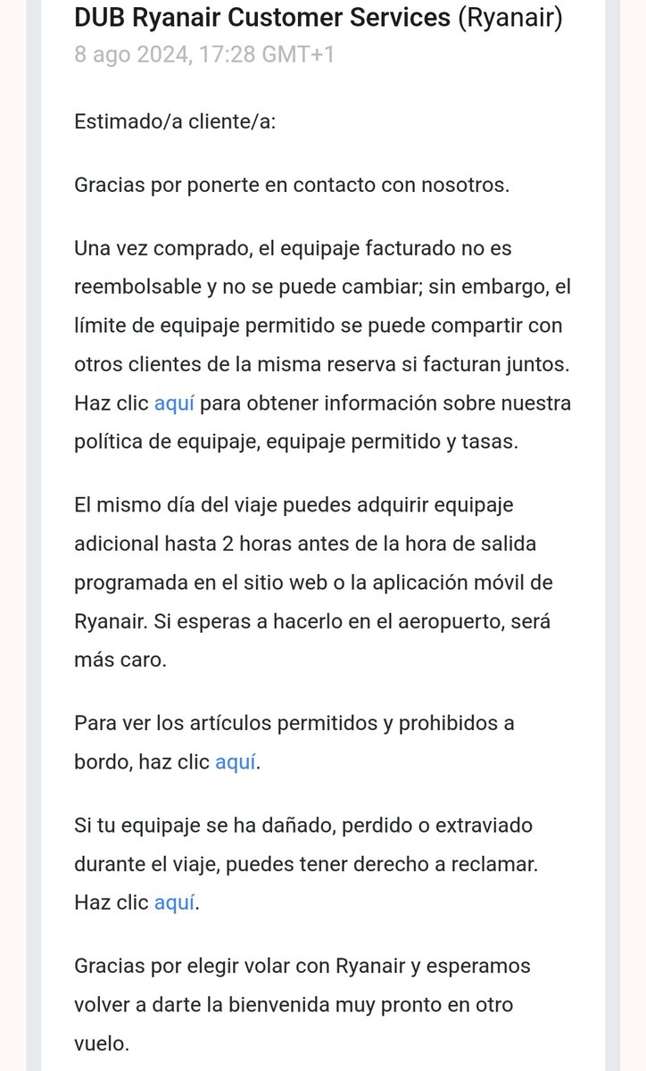 Vuelo con <a href="/Ryanair_ES/">Ryanair España</a> esta mañana. Llevo la misma maleta de cabina desde el 2021 y me cobran 70€ porque no entra en el medidor de la puerta de embarque. Envío reclamación con varias pruebas de que las medidas son 55x40x20, las requeridas. Su respuesta es para enmarcar: