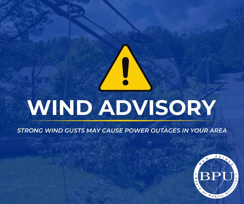 A #WindAdvisory is in effect for #NewJersey this Friday. Gusts up to 50mph can cause power outages, but the utilities are prepared. Remember to:
📱 Charge phones fully
⏰ Report outages immediately: bit.ly/2MhSHV0
⚠️ NEVER touch downed power lines