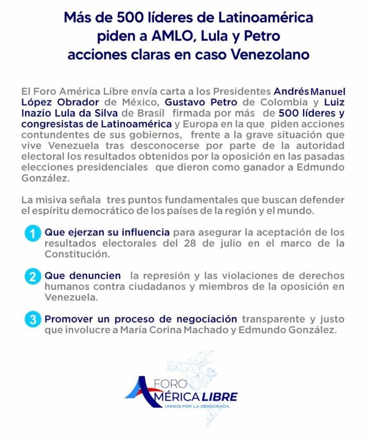 patriciajaniot's tweet photo. Los gobiernos de @petrogustavo, @LulaOficial y @lopezobrador_  no han reconocido la reelección de Nicolás Maduro. Más bien, por lo que publica la @CancilleriaCol, los tres gobiernos piden que el Consejo Nacional Electoral muestre los resultados por mesa de votación y respeten así, la voz del pueblo venezolano. 
Maduro, hasta ahora, ha hecho oídos sordos. Sigue esmerado en buscar apoyos, pero le ha tocado ir lejos y esperar mucho. 
Por otro lado, más de 500 políticos y líderes conservadores reunidos en el Foro América Libre le piden a los tres países con gobiernos de izquierda que no se queden callados. Que denuncien la represión, que promuevan un mecanismo de negociación justo y aseguren la aceptación de los resultados de las votaciones del 28 de julio.
#Venezuela