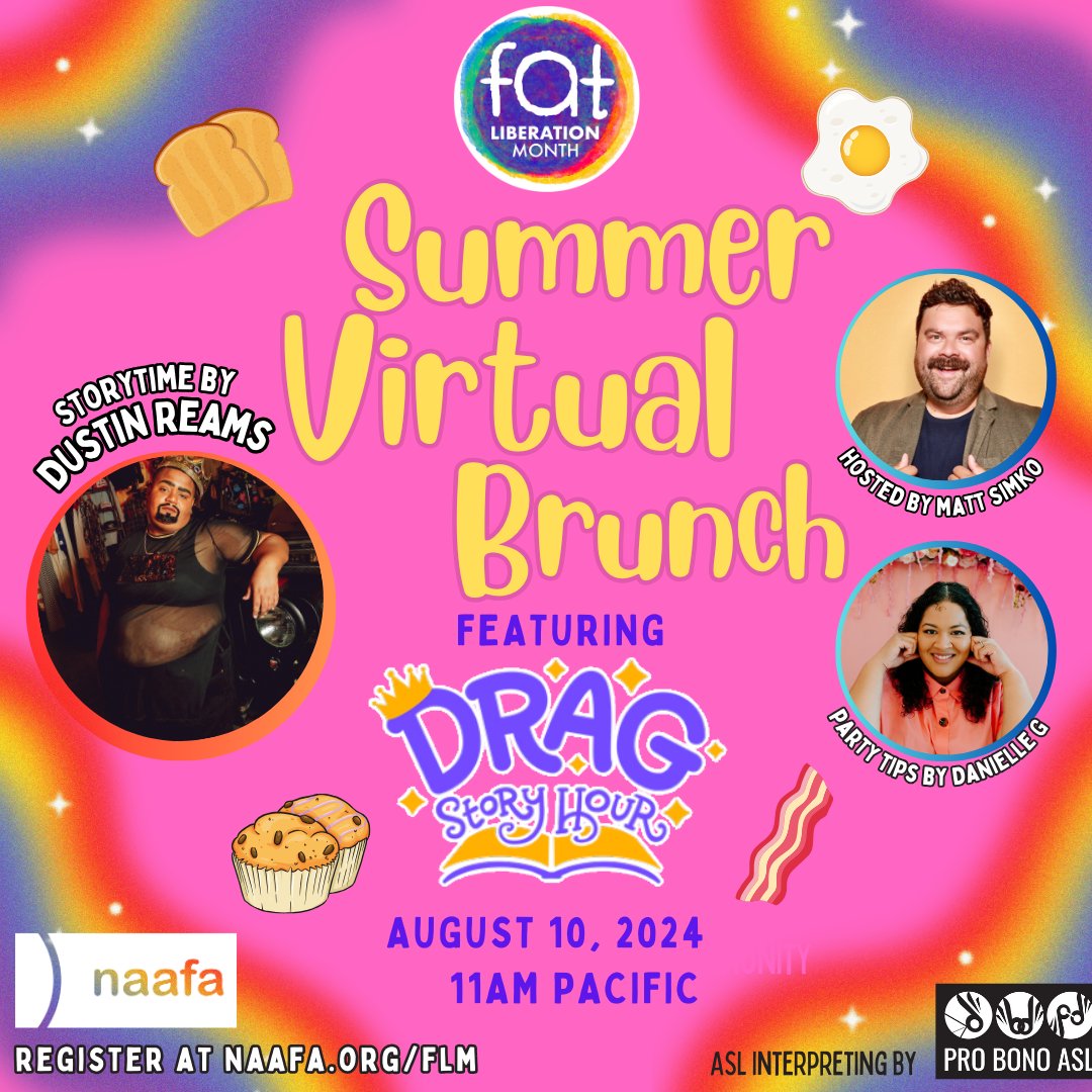 NAAFAofficial's tweet photo. #FatLiberationMonth Virtual Brunch featuring @dragstoryhour

8/10 at 11am PT

Register: https://t.co/8qqHFvuOmO 

Hosted by Matthew Simko (@simkosays), featuring Danielle G (@justdanielleg) &amp; Dustin Reams (@dustin_reams).

#NAAFA #FatCommunity #SizeFreedom #FatJoy #FatVisibility https://t.co/hWkgl8vegm