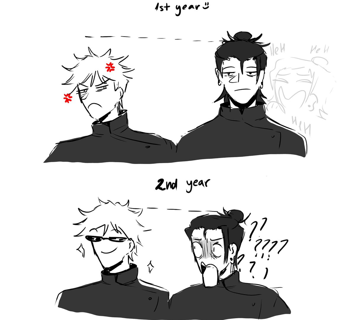 doodle req: gojo was shorter than geto when they were in 1st year but then he had a growth spurt over the holidays #satosugu