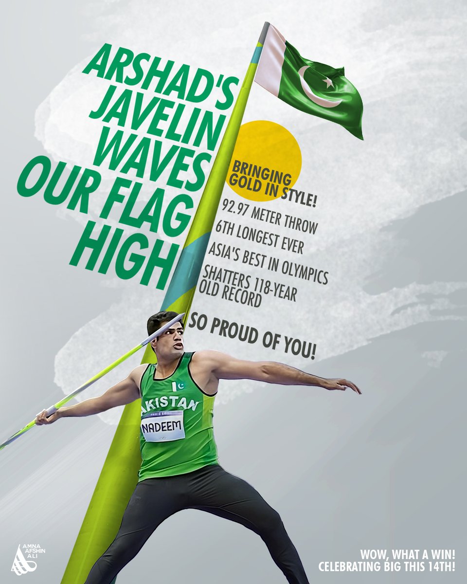 What a spectacle this was!! What a proud moment for all of us!! Congratulations Arshad Nadeem on an incredible 92.97m throw, winning the gold, and setting new records! And congrats to all Pakistanis!
#ParisOlympics2024 #javelin #proudmoment #ArshadNadeem #gold #PakistanZindabad