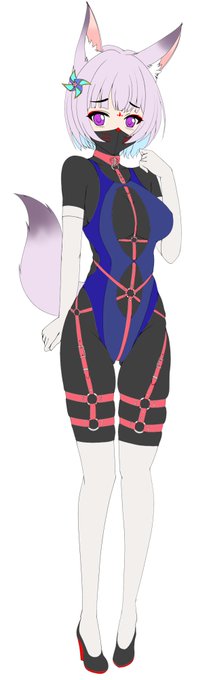 ラバースーツと穴あき競泳水着×ハーネスの狐娘の下描きです(*'▽`*) 