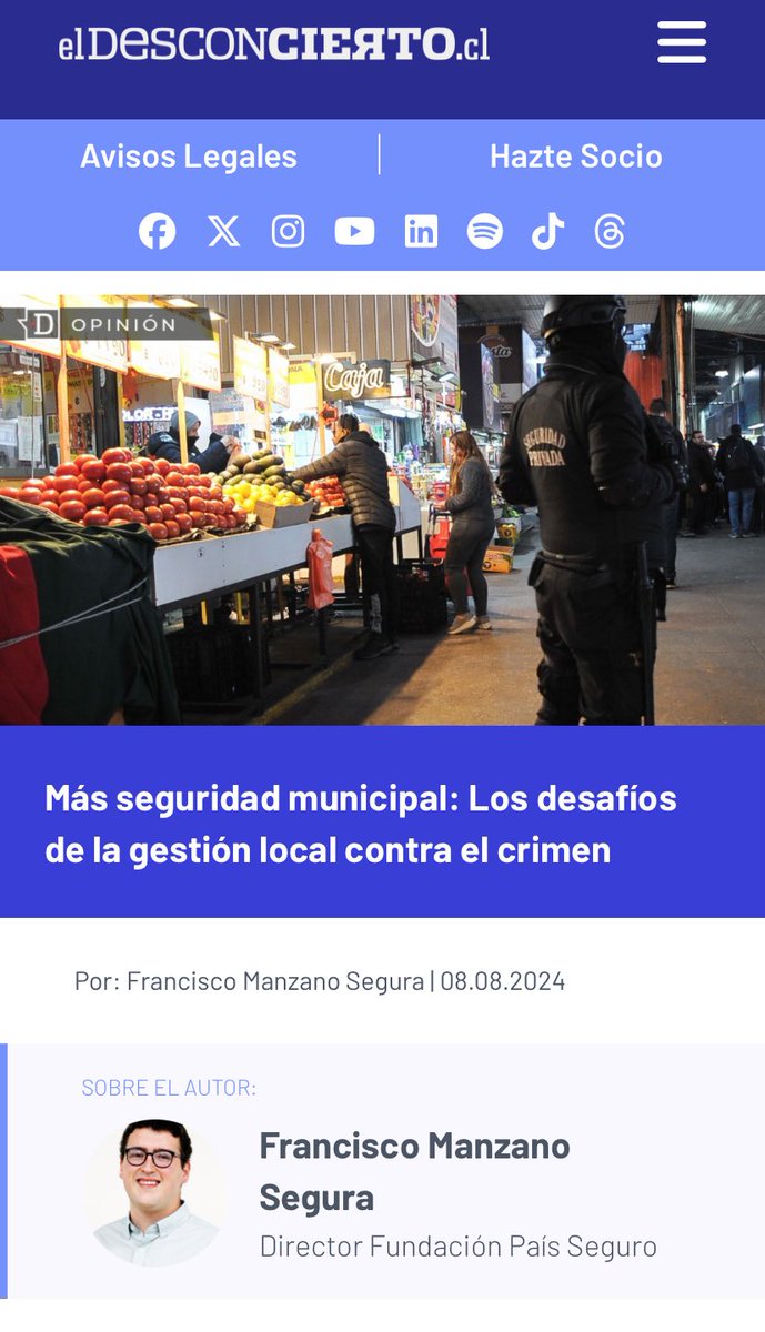 FPS_Chile's tweet image. “Más seguridad municipal: Los desafíos de la gestión local contra el crimen”
Por: Francisco Manzano, Director Fundación País Seguro 

eldesconcierto.cl/2024/08/08/mas…