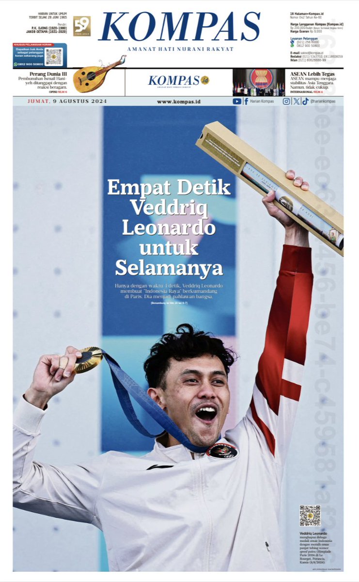 hariankompas's tweet photo. Selamat pagi Sahabat Kompas. Medali emas disumbangkan pahlawan dari cabang panjat tebing, Veddriq Leonardo. Veddriq hanya butuh waktu sekitar 4 detik untuk dikenang selama-selamanya dalam sejarah Indonesia.

Baca selengkapnya di sini https://t.co/BJKMRw9N0U

#SportClimbing #Paris2024 #GOLD #GelanggangParis2024 #Olympics #AdadiKompas
