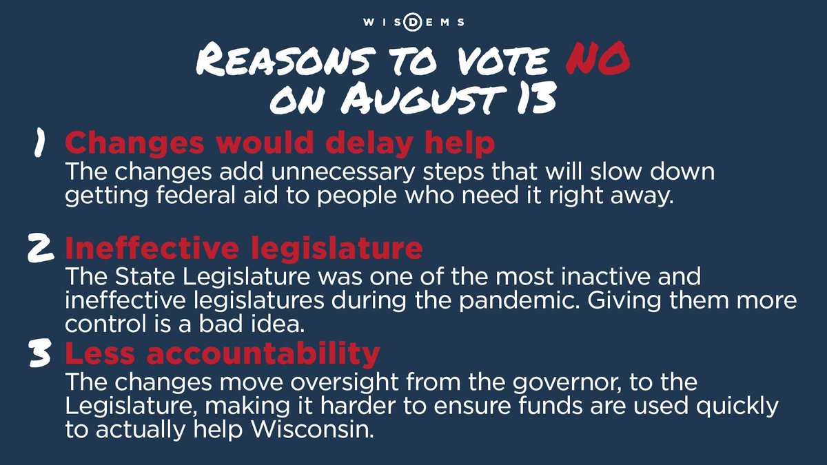 WisDems's tweet photo. WISCONSIN: Vote NO on August 13. There’s a LOT at stake.

We need to turn out in force to vote down these amendments. https://t.co/dbWJZfXGgU https://t.co/MGSWug5Fej