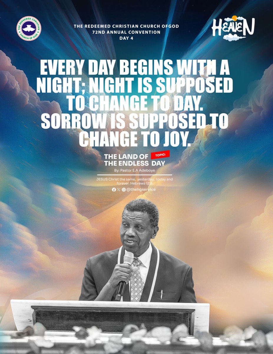 PastorEAAdeboye's tweet image. Every day begins with a night; night is supposed to change to day.
Sorrow is supposed to change to joy.

Day 4
Evening Session 
 
#TheLandOfTheEndlessDay
#RCCGAnnualConvention2024
#Heaven