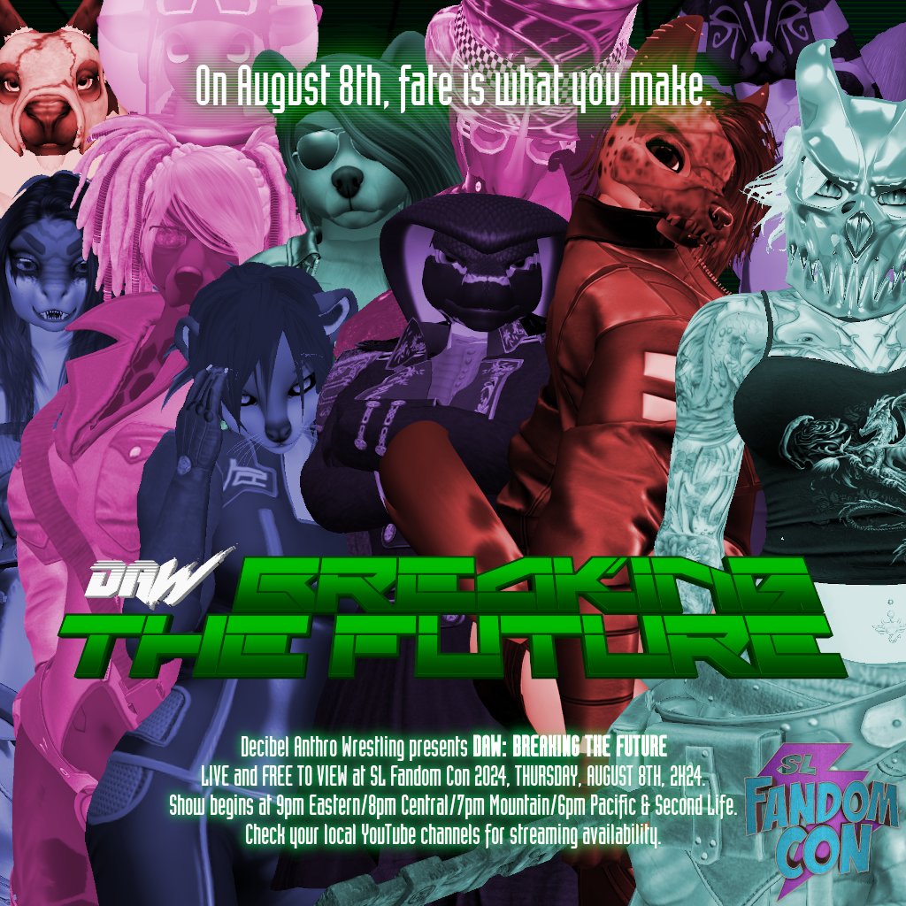 LIVE TONITE, there ain't no fate. DAW: BREAKING THE FUTURE, a charity event at SL Fandom Con benefiting American Cancer Society! Gaze through the shards of time to try and predict the future of DAW!

Only at SL Fandom Con, tonight from 6-8PM SLT!

LM: maps.secondlife.com/secondlife/Nau…