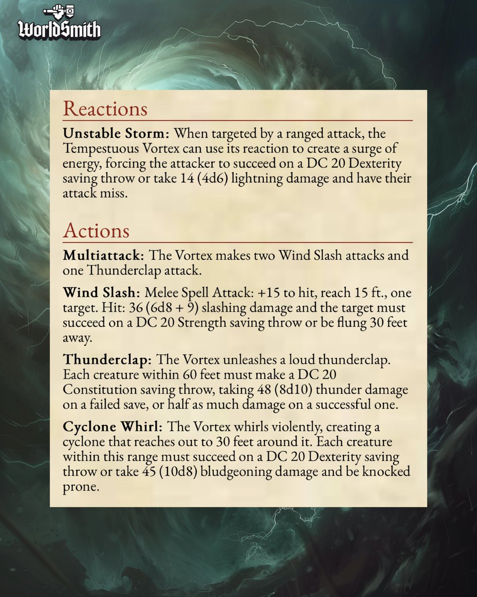 WorldSmithio's tweet photo. What should we make next? Comment to see YOUR idea come to life!

We generated this elemental in seconds using WorldSmith! Check out this ai tool designed by dungeon masters, for dungeon masters 🐉 Link in bio! #worldsmith #dungeonsanddragons #dnd #dnd5e #ai #dnd5e #dndart https://t.co/XpPFYvLDR2