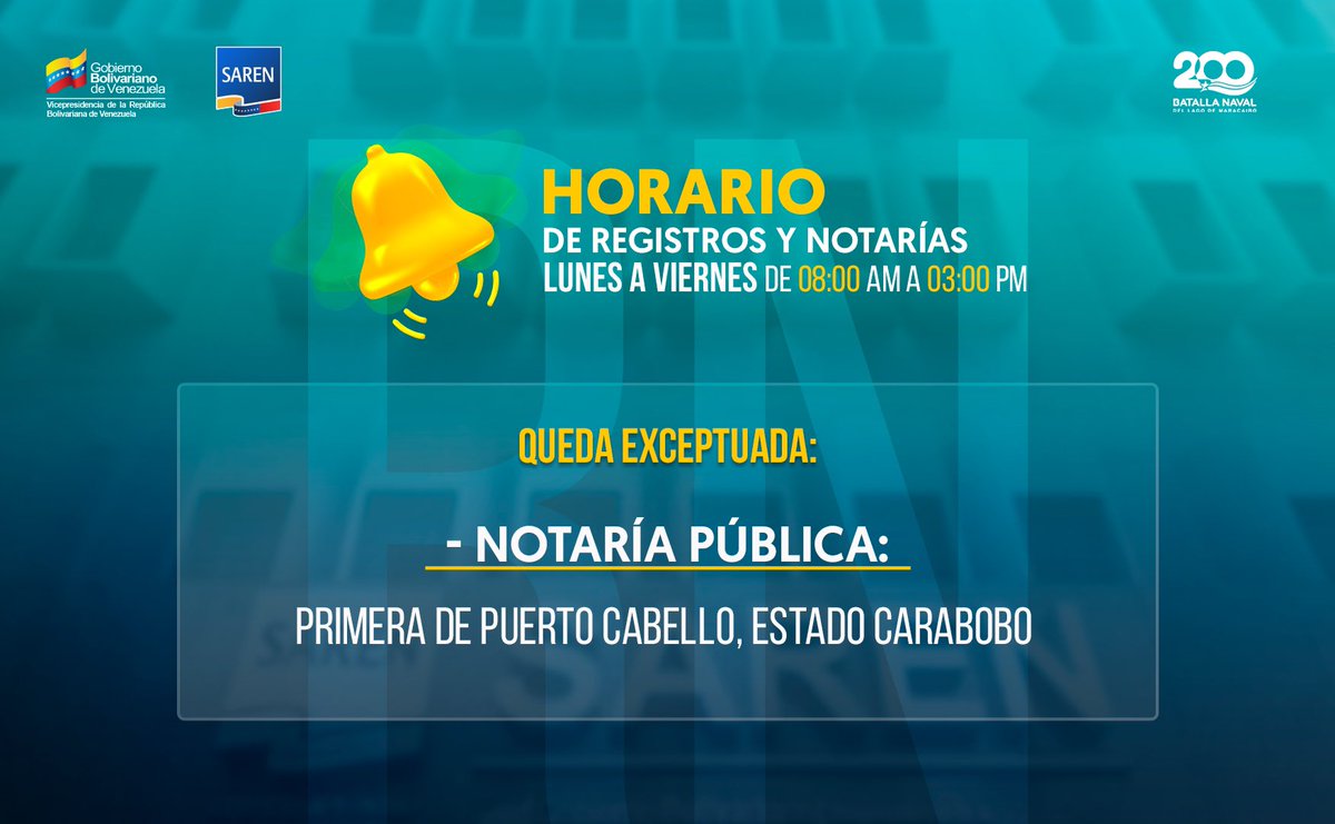 #Entérate 👉 El <a href="/SarenVzla/">Registros y Notarías</a> informa que prestará atención a los usuarios desde el lunes #5Ago hasta el viernes #9Ago desde las 8:00 a.m. hasta las 3:00 p.m.

Más detalles aquí: acortar.link/u0Xmws 

#PuebloSonrienteYEnPaz