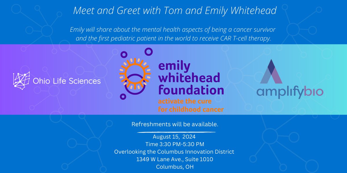 Ohio Life Sciences (@ohiolifescience) on Twitter photo Thrilled to host Emily Whitehead on 8/15!Ā The 1st child treated with CAR T-cell therapy,Ā she's 12 years cancer-free!
Join us for her inspiring story & mental health tips for survivors.Ā Refreshments & amazing views!
tinyurl.com/5n8dtxbr
@Amplify_Bio <a href="/EWhiteheadFdn/">Emily Whitehead Foundation</a> Thrilled to host Emily Whitehead on 8/15!Ā The 1st child treated with CAR T-cell therapy,Ā she's 12 years cancer-free!
Join us for her inspiring story & mental health tips for survivors.Ā Refreshments & amazing views!
tinyurl.com/5n8dtxbr
@Amplify_Bio <a href="/EWhiteheadFdn/">Emily Whitehead Foundation</a>