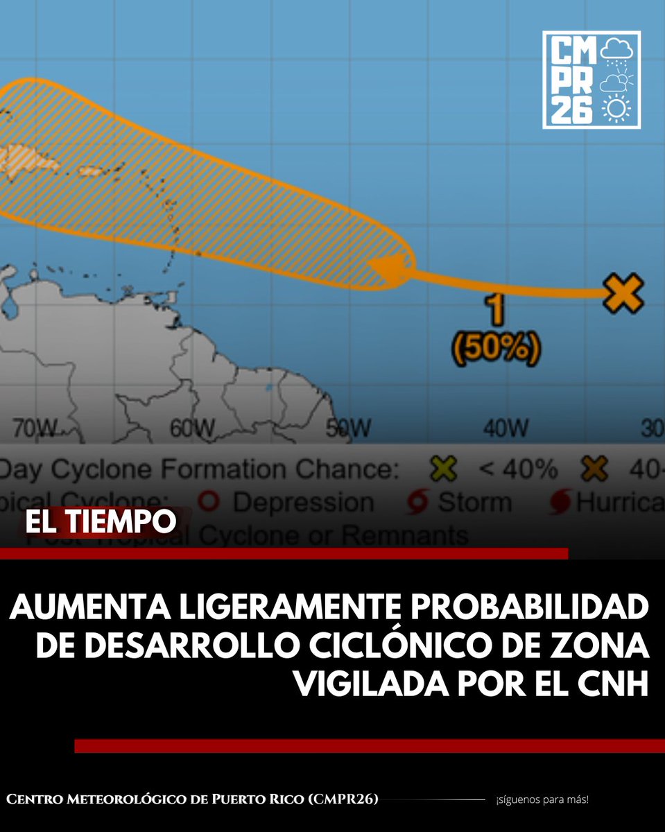 CMPR26's tweet photo. #BOLETÍN 8 P.M.| Una onda tropical ubicada a varias cientos de millas de las Islas de #CaboVerde se encuentra produciendo zonas de mal tiempo desorganizadas.

Una #depresióntropical pudiera desarrollarse a principios de semana mientras se acerca al Arco de las #Antillas. 

(1/2) https://t.co/SVKy9YrAVm