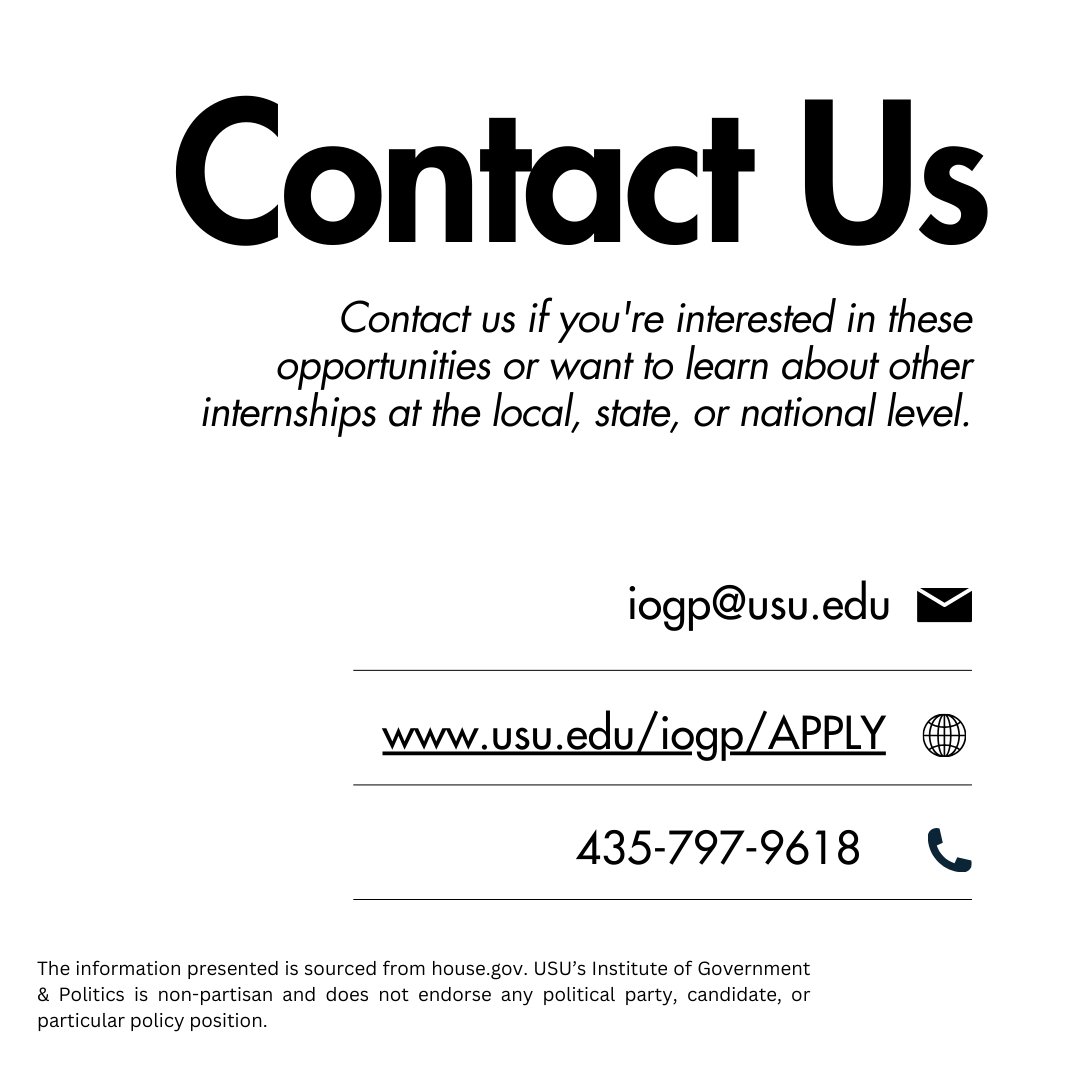 UtahStateIOGP's tweet photo. Aggies! The U.S. House of Representatives has Paid Intern Positions for Fall Semester 2024! Application submissions close soon so apply now! https://t.co/ARbSgrnMYc