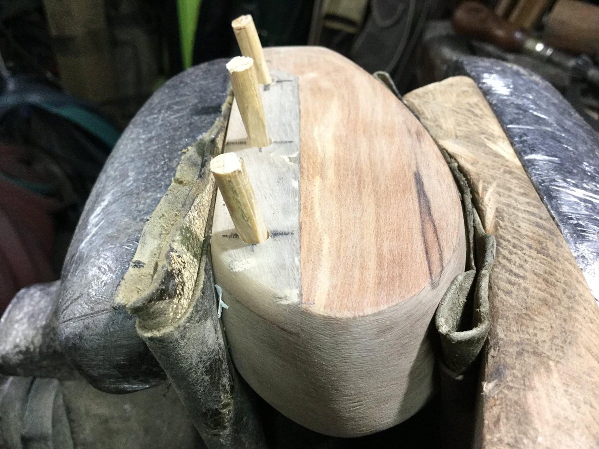 Fitting the ‘Rams Horn Slip’ to the Leading edge of clubs. 
Prior to ‘metal sole plates’ all ‘wooden clubs’ had a ‘Slip’ of Rams Horn fitted to the leading edge of the wood to protect it from strikes to ground. The Troon Clubs (1600’s) had rams horn slips’ in the leading edges!