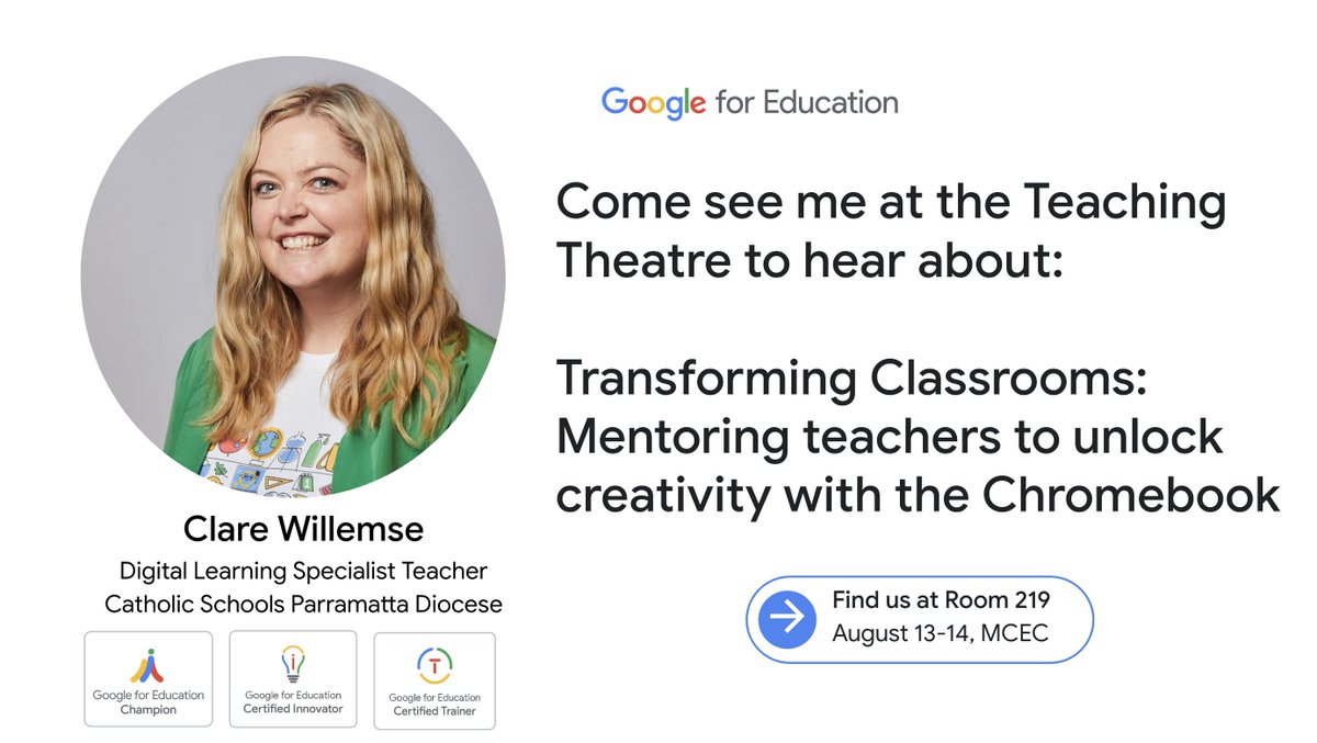 I’m excited to be joining <a href="/GoogleforEdu/">Google for Education</a> as well as industry leaders and experts at #EduTECHAU in Melbourne this year to speak about Transforming Classrooms: Mentoring teachers to unlock creativity with the Chromebook! Are you planning to attend? Come see me on Tues 13/8 at 10am!