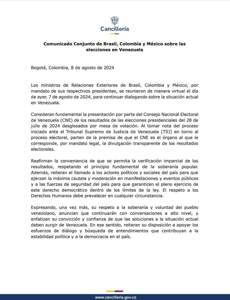 patriciajaniot's tweet photo. Los gobiernos de @petrogustavo, @LulaOficial y @lopezobrador_  no han reconocido la reelección de Nicolás Maduro. Más bien, por lo que publica la @CancilleriaCol, los tres gobiernos piden que el Consejo Nacional Electoral muestre los resultados por mesa de votación y respeten así, la voz del pueblo venezolano. 
Maduro, hasta ahora, ha hecho oídos sordos. Sigue esmerado en buscar apoyos, pero le ha tocado ir lejos y esperar mucho. 
Por otro lado, más de 500 políticos y líderes conservadores reunidos en el Foro América Libre le piden a los tres países con gobiernos de izquierda que no se queden callados. Que denuncien la represión, que promuevan un mecanismo de negociación justo y aseguren la aceptación de los resultados de las votaciones del 28 de julio.
#Venezuela