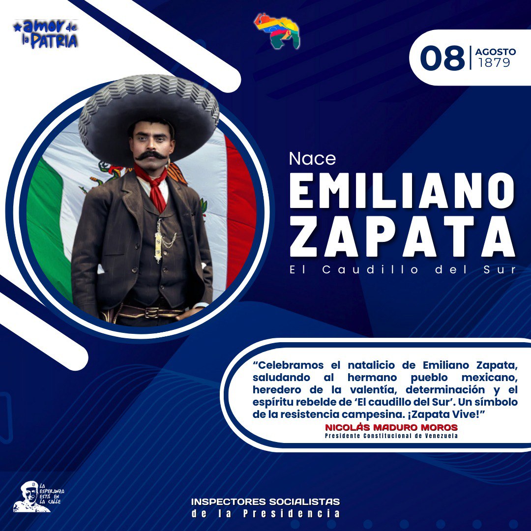 CISPZulia's tweet photo. Tal día como hoy #8ago de 1879 nació en San Miguel Anenecuilco, estado de Morelos, México, Emiliano Zapata, uno de los líderes militares más importantes durante la Revolución Mexicana y un símbolo de la resistencia campesina en ese país.
@nicolasmaduro
@acoronadovzla https://t.co/04gheoSThM
