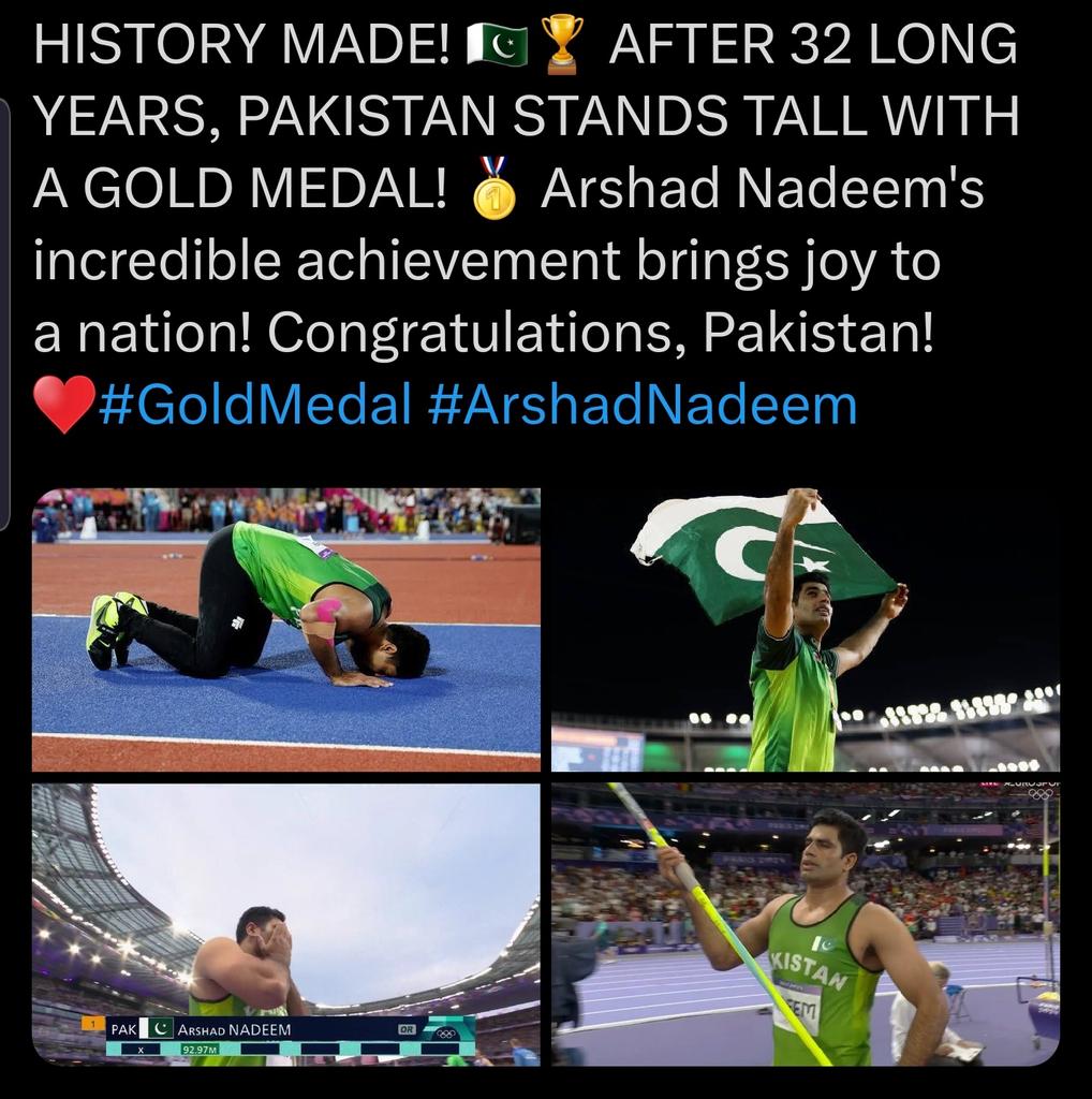 AasimSmarty's tweet photo. 🥇 HISTORY IN PARIS 🥇

Arshad Nadeem secures Pakistan's first Olympics gold medal since 1984 with a record 9️⃣2️⃣.9️⃣7️⃣ metres throw! 🤩#ArshadNadeem
#GoldMedal #GOLD #Paris2024 https://t.co/spVxWrXJTk