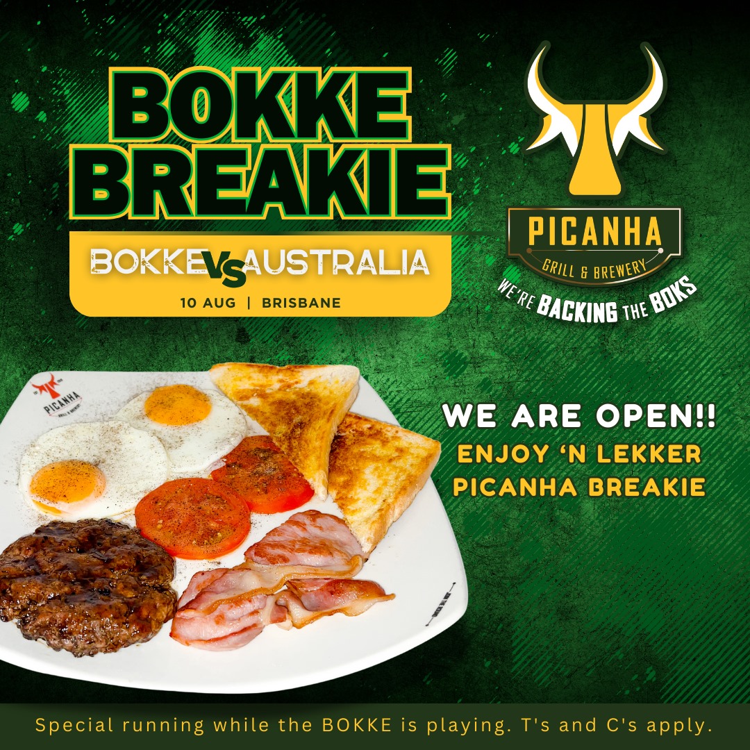 PicanhaNigel's tweet photo. Come enjoy a breakfast &amp; Coffee while the Boks take on the Wallabies at 6:30. Picanha will open early for you to come enjoy the game!
To book call or whatsapp 0118147104 
#Picanha #nigel https://t.co/kHAsPIAQkn