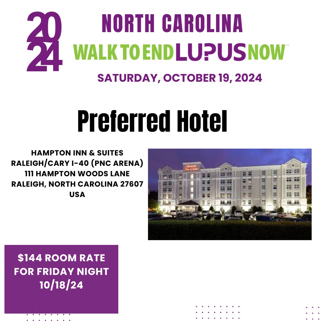 Make your time at the 2024 NC Walk to End Lupus Now a staycation by booking accommodations with our hotel partner Hampton Inn &amp; Suites. Book now ow.ly/APQp50SUbYf