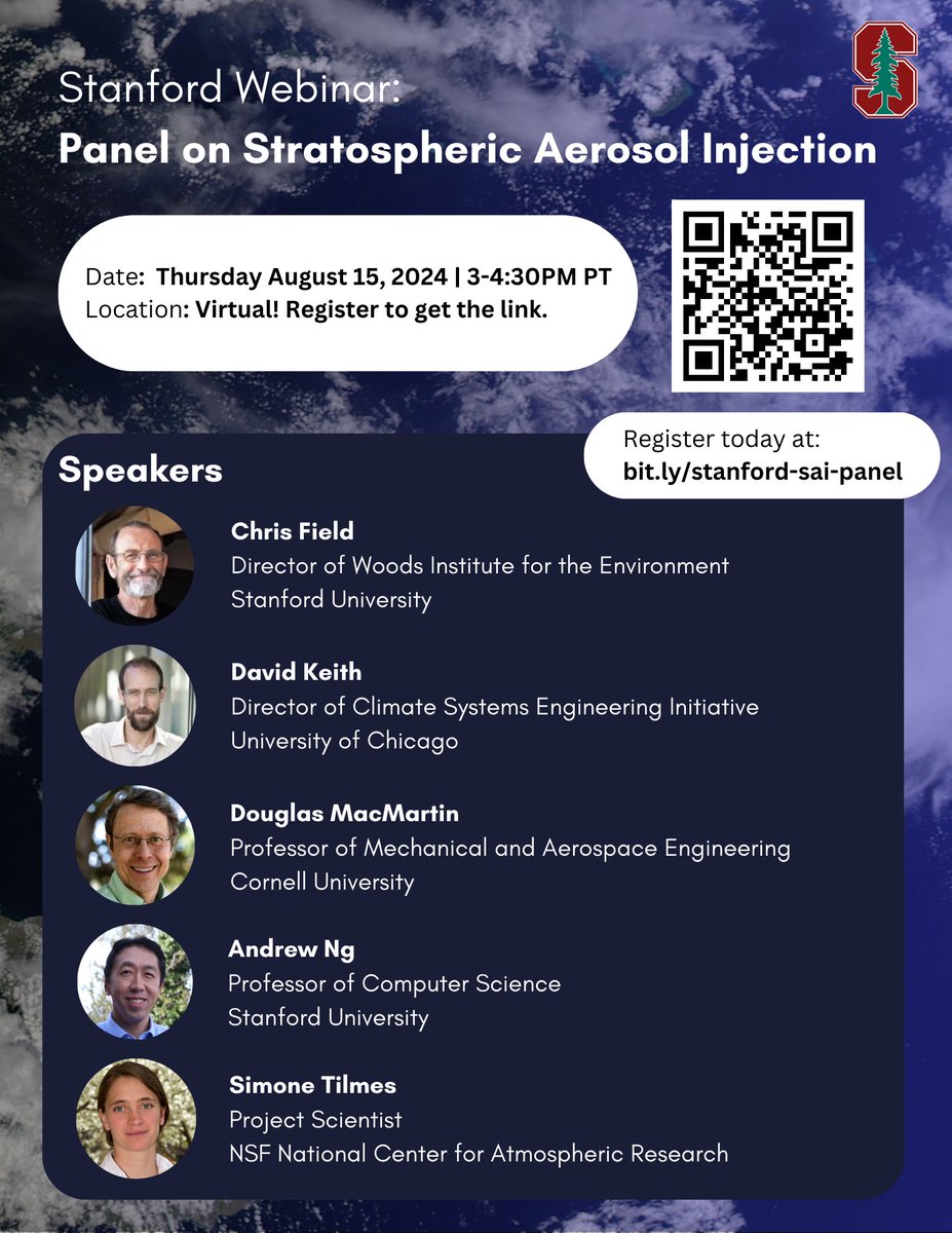 David Keith (@dkeithclimate) on Twitter photo Want to know more about stratospheric solar geoengineering?
Register for this <a href="/Stanford/">Stanford University</a> event on Thursday, August 8th here: bit.ly/stanford-sai-p…
Excited to be part of this amazing lineup with <a href="/chrfield/">Chris Field</a>, <a href="/DougMacMartin/">Douglas MacMartin</a>, <a href="/AndrewYNg/">Andrew Ng</a>, and Simone Tilmes. Want to know more about stratospheric solar geoengineering?
Register for this <a href="/Stanford/">Stanford University</a> event on Thursday, August 8th here: bit.ly/stanford-sai-p…
Excited to be part of this amazing lineup with <a href="/chrfield/">Chris Field</a>, <a href="/DougMacMartin/">Douglas MacMartin</a>, <a href="/AndrewYNg/">Andrew Ng</a>, and Simone Tilmes.