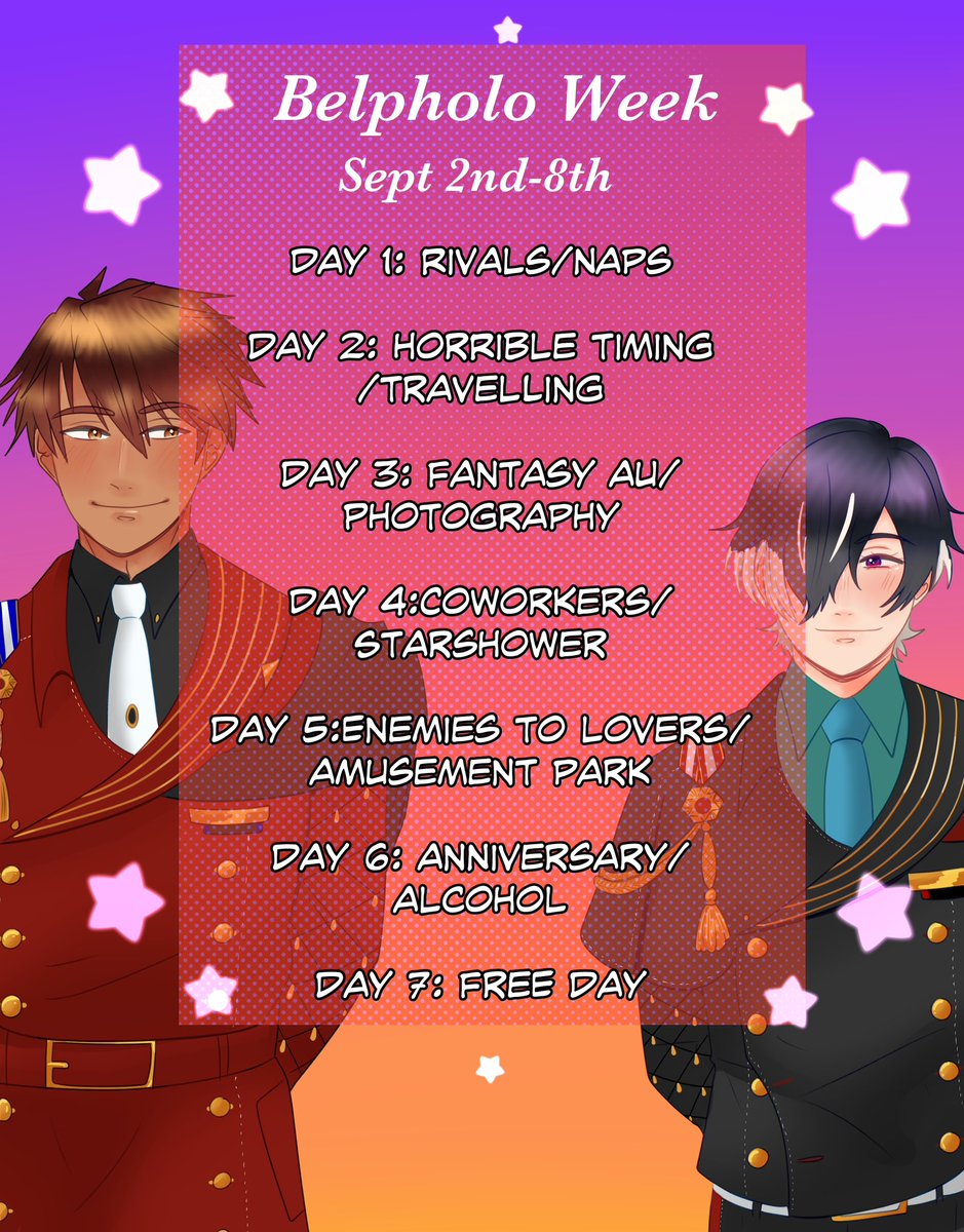 Whatsamatterat's tweet photo. I’ll be celebrating 4 years of shipping these two with a ship week!!! 
Feel free to participate along with me, anyway you like (except ai).

I’ll do my best to share any art created for them so please use  #belpholoweek so I can find them!
🖤💜 https://t.co/98gvzrpnYD