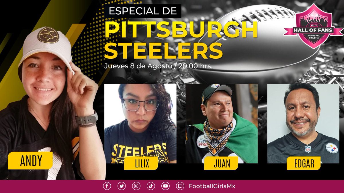 nflgirlsmx's tweet photo. ¡Agiten las toallas! En este #HallOfFans de #HereWeGo @andreaibanco platica con @lilixpc @juamsoto y Edgar de #CiudadAcero  del inicio de temporada de unos #Steelers reforzados que buscan levantar el título de la AFC Norte.

🕗8:00 P.M
📺https://t.co/ro8A1GDzCt
#FootballGirlsMx https://t.co/dO0dafzO37