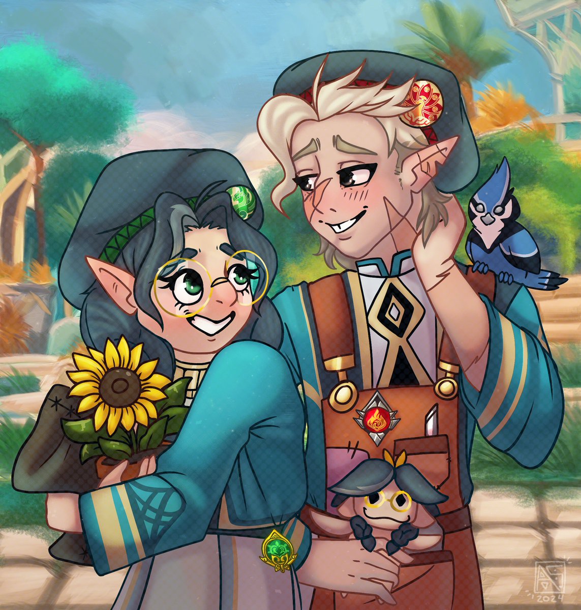 Wow! What is this?
This is #TheOwlHouse  fanart!
I imagined these two in a crossover with 
 #GenshinImpact . I wanted to draw them in a robe of Sumeru Academy, and also imagined what darshan they would be, and also visions and why >v<
#artwork #fanart #ships #TOH #huntlow