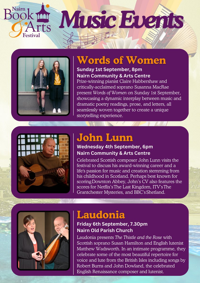 We've got some really exciting music events coming up at Nairn Book &amp; Arts Festival this September, with something for everyone!

Book your tickets here: ticketsource.co.uk/nairn-book-and…

@jlunn13 <a href="/TheBookshopBand/">The Bookshop Band</a> @IonaLaneMusic <a href="/findlaynapier/">findlaynapier</a> <a href="/ClaireHabbersh2/">Claire Habbershaw</a> <a href="/LaudoniaMusic/">Laudonia</a> <a href="/NairnCC/">NairnCommArtsCentre</a>