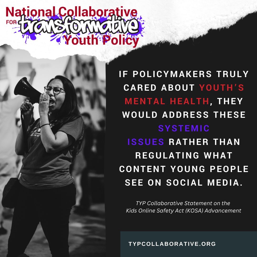 typcollab's tweet photo. The #KidsOnlineSafetyAct (KOSA) distracts from the real issues harming youth mental health: poverty, racism, and community violence. We demand policy change that addresses these systemic problems and truly supports our young people. #YouthAdvocacy #TYPCollab https://t.co/oRKuxCXNpH