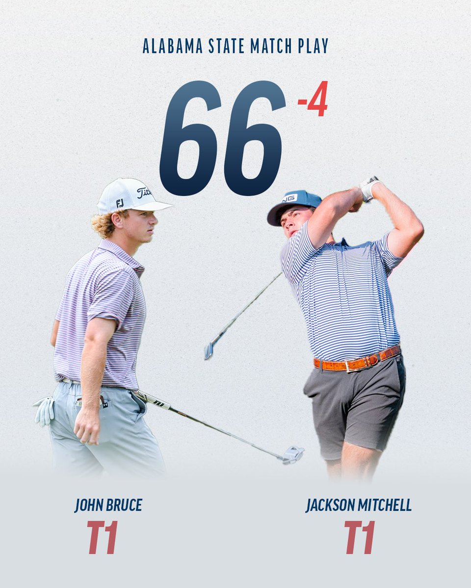bamagolf's tweet photo. John Bruce & Jackson Mitchell each posted the low round today for Round One (stroke play qualifying) of the #StateMatchPlay
18 holes remain to determine which 16 players will advance to #MatchPlay this weekend. https://t.co/Vgszqrevzc