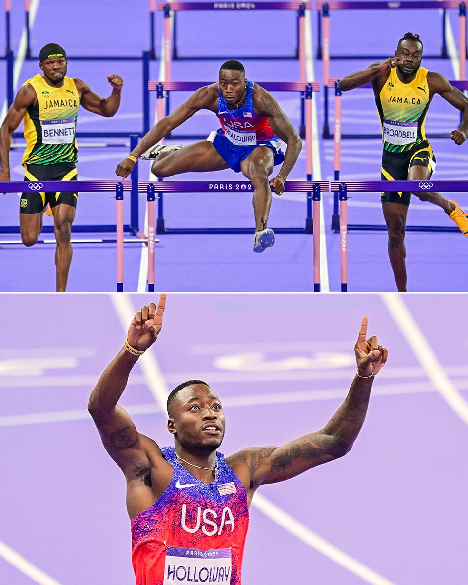 SportsCenter's tweet photo. GRANT HOLLOWAY IS THE MEN'S 110M HURDLES CHAMPION 🔥 

He wins his first Olympic gold medal with a time of 12.99 🥇 https://t.co/tND3Ki0men