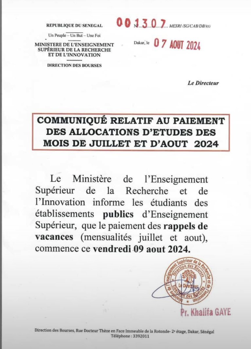 GregoireTour's tweet photo. Le Ministère de l'Enseignement Supérieur de la Recherche et de l'Innovation informe les étudiants des établissements publics d'Enseignement Supérieur, que le paiement des rappels de vacances (mensualités juillet et aout), commence ce vendredi 09 aout 2024.
#kebetu
#Mesri #bourse https://t.co/HNF68iLzgt