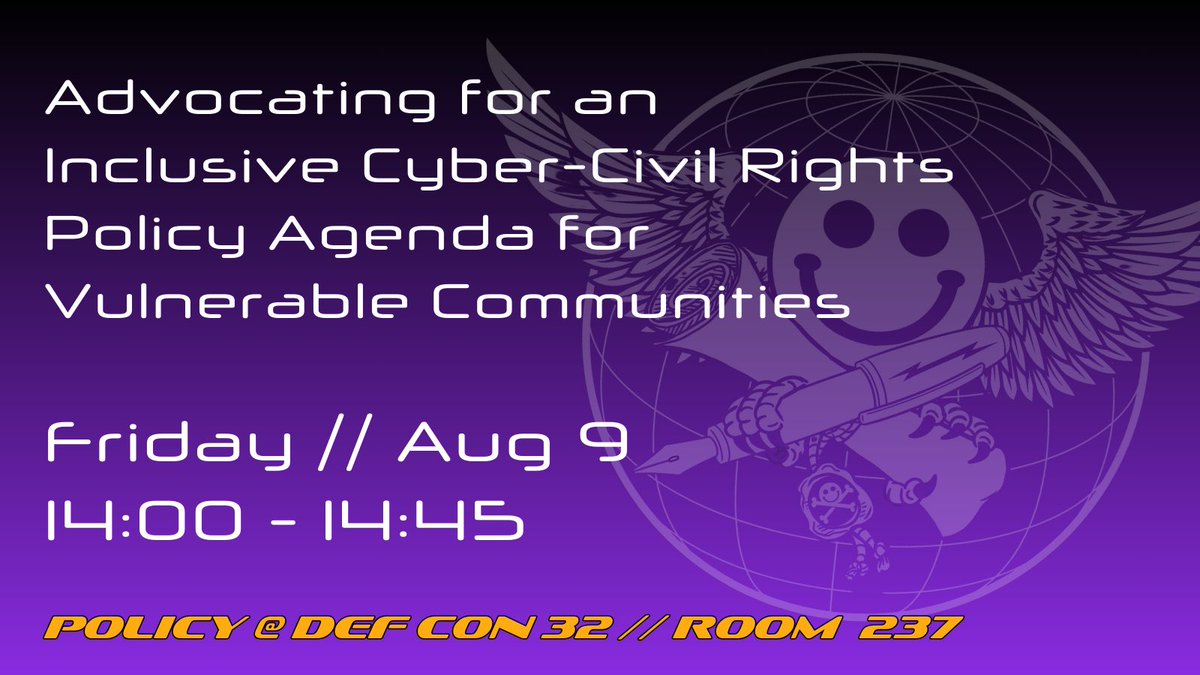 DEFCONPolicy's tweet photo. What a panel 🔥 @HiNicoleTisdale, @KembaWalden, Jake Braun, and Elizabeth Eigner at @defcon will issue an urgent call to action for cyber advocates. Join forces with policymakers to shape the future of vulnerable communities. #PolicyAtDEFCON32 https://t.co/Knt1c0Bhb9