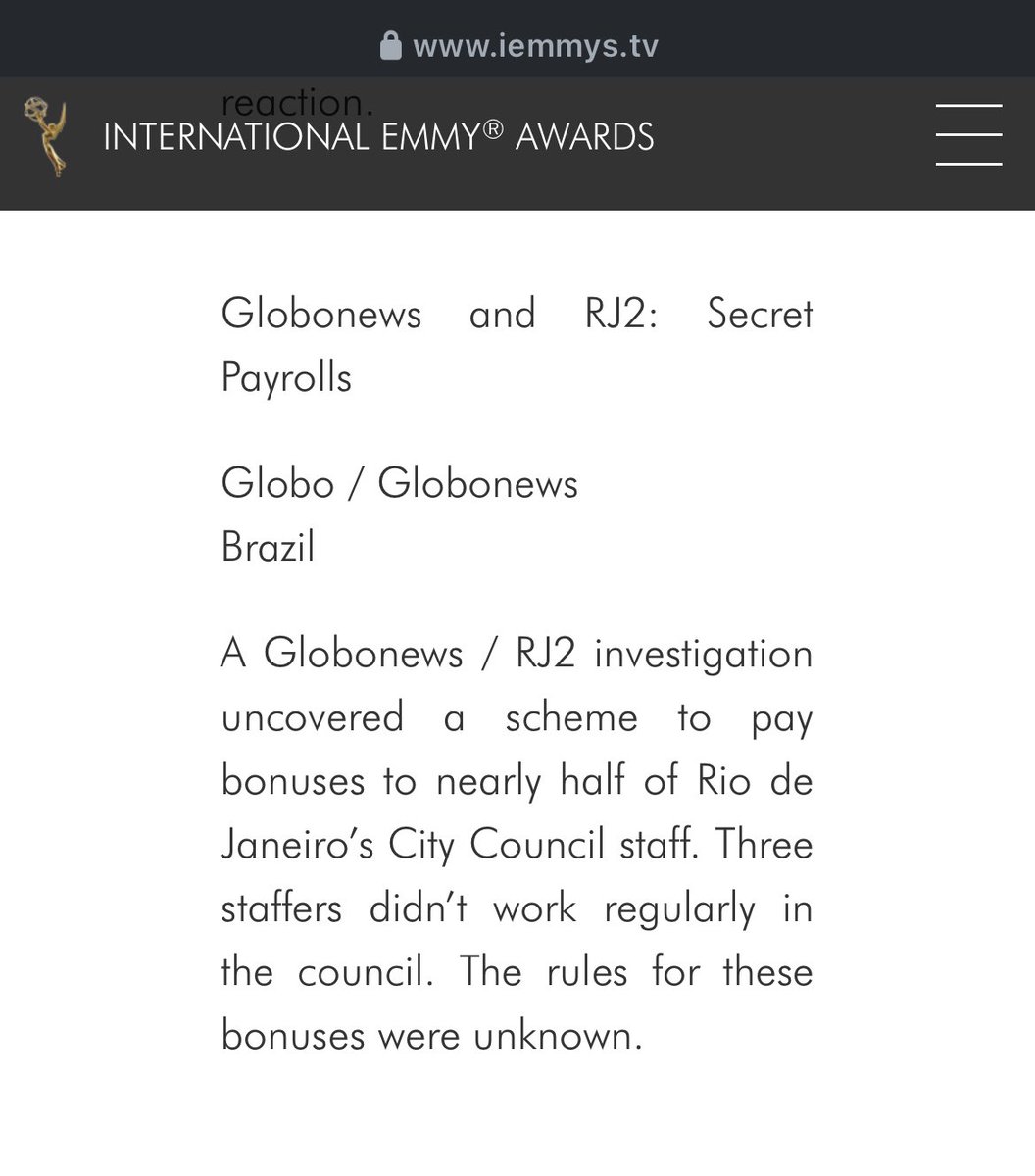 A série “Folha secreta”, parceria da <a href="/GloboNews/">GloboNews</a> com o #RJ2, é finalista do <a href="/TheEmmys/">The Emmys</a> , o Oscar da TV mundial. Mostramos que a Câmara de Vereadores gastou R$ 92 milhões em 16 meses com o pagamento de uma gratificação secreta aos servidores, sem critério técnico nem transparência