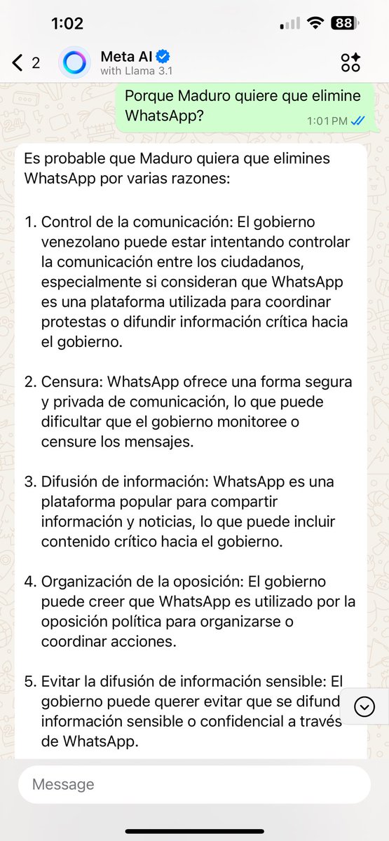 annoulamarie14's tweet photo. @Javierito321 Le preguntamos a Meta IA porqué Maduro quiere que eliminemos WhatsApps y esto fue lo que nos dijo 🔥🔥 https://t.co/6SspNMcT8l